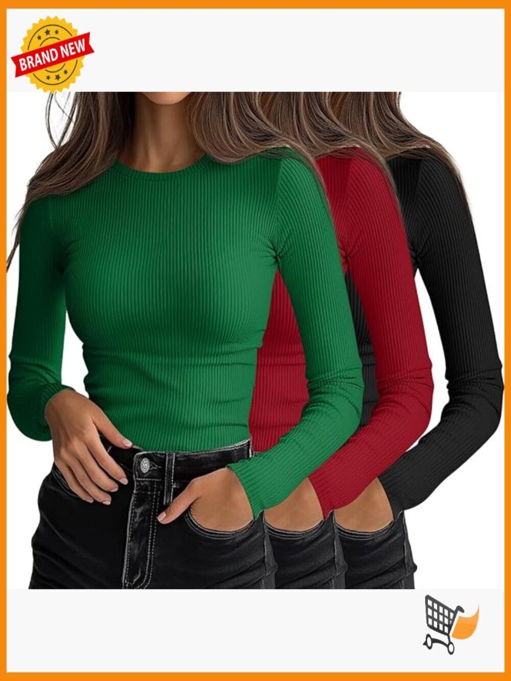 3 Pack Women's Ribbed Long Sleeve Tops Slim Fit Crew Neck Layering Tees